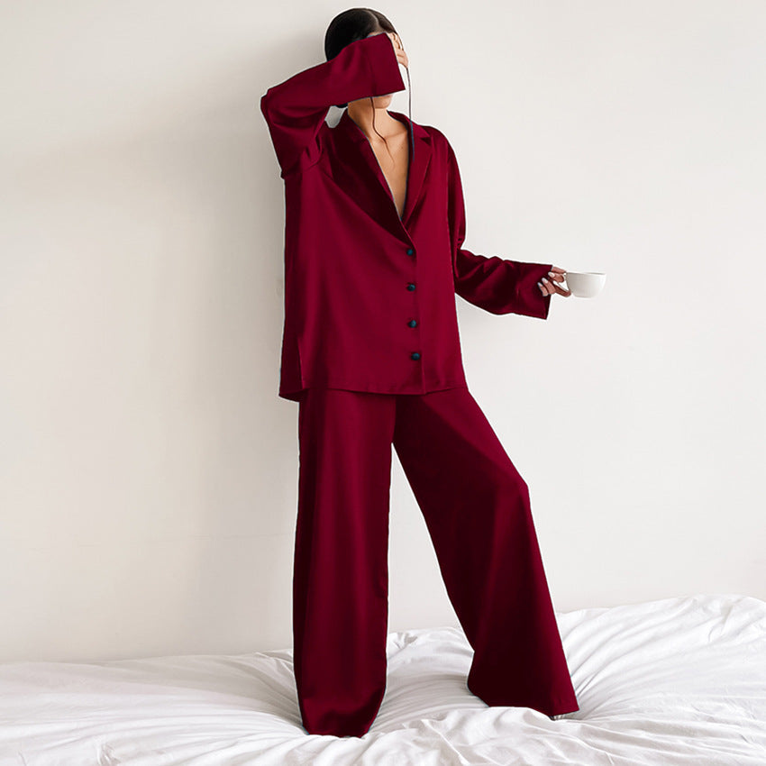 Luxe Dames Satijnen Pyjama Set Met Knopen En Wijde Broek