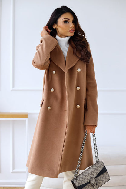 Chique Lange Getailleerde Wollen Dames Jas met Knopen Design