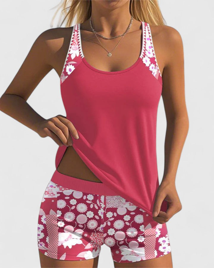 Damski zestaw tankini z topem bez rękawów i szortami w kwiatowy wzór