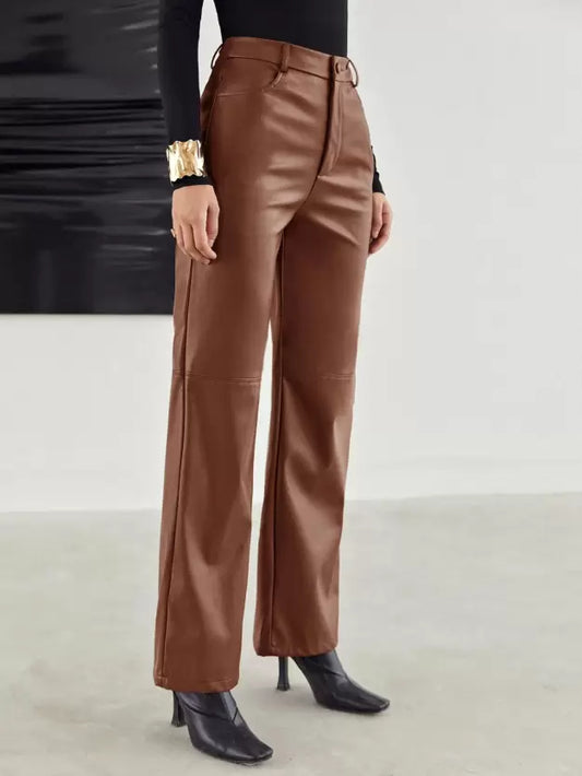 Trendy Elegante Dames Leren Broek met Hoge Taille