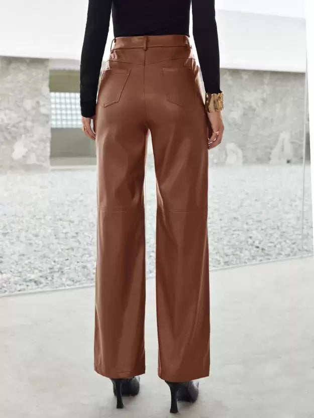 Trendy Elegante Dames Leren Broek met Hoge Taille