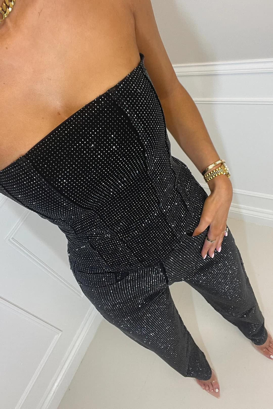 Elegante Strapless Pailletten Jumpsuit met Rechte Pijpen voor Dames