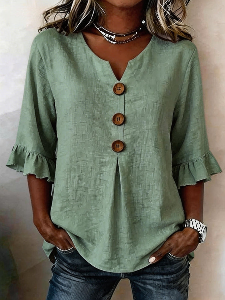 Soepelvallende Linnenlook Dames Blouse met Houtlook Knopen en Volantmouwen