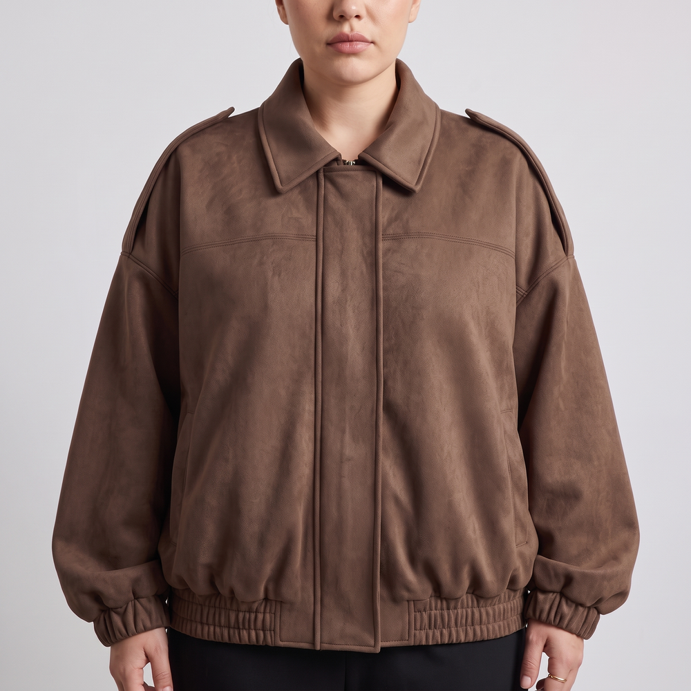 Cropped Suède Dames Bomberjack met Epauletten en Ritssluiting