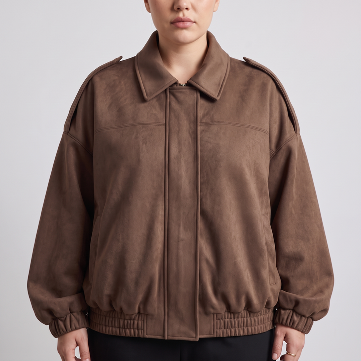 Cropped Suède Dames Bomberjack met Epauletten en Ritssluiting