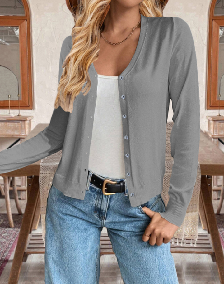 Fine-Knit Women's Cardigan with Long Sleeves, Button Closure, and V-Neck
