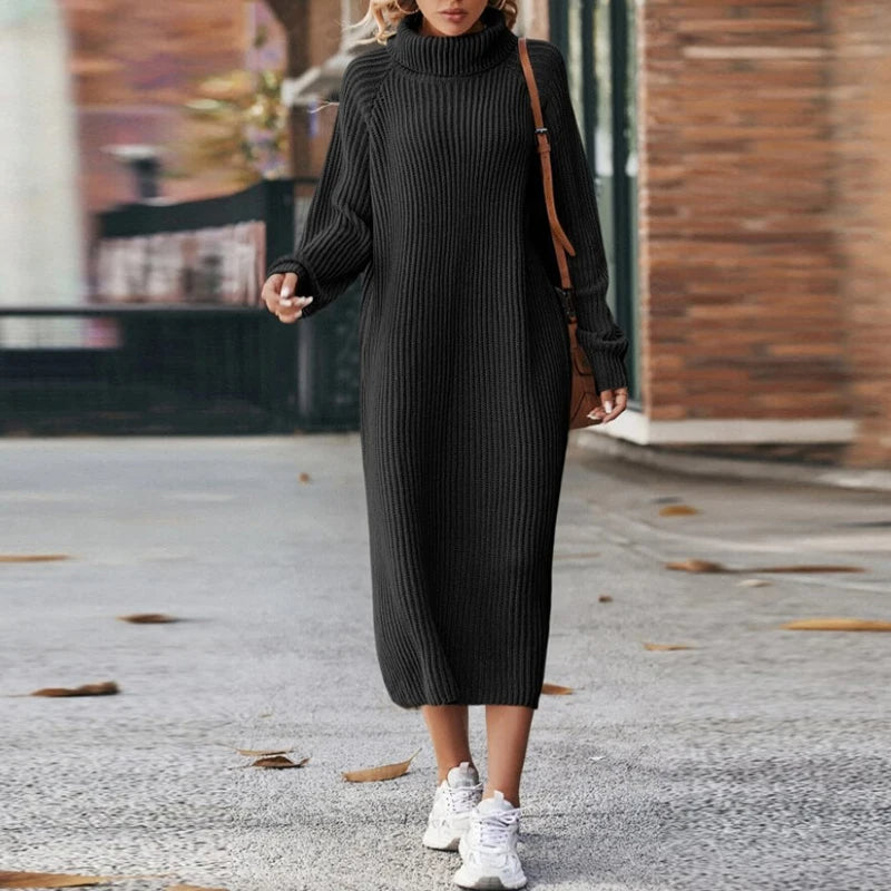 Zachte Dames Maxi Sweater Jurk met Col en Lange Mouwen