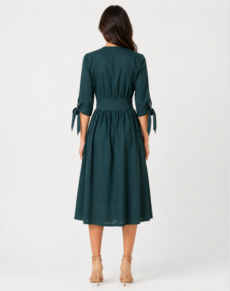 Groen Elegante Dames Zomer Midi Jurk Met Knopen En V Hals