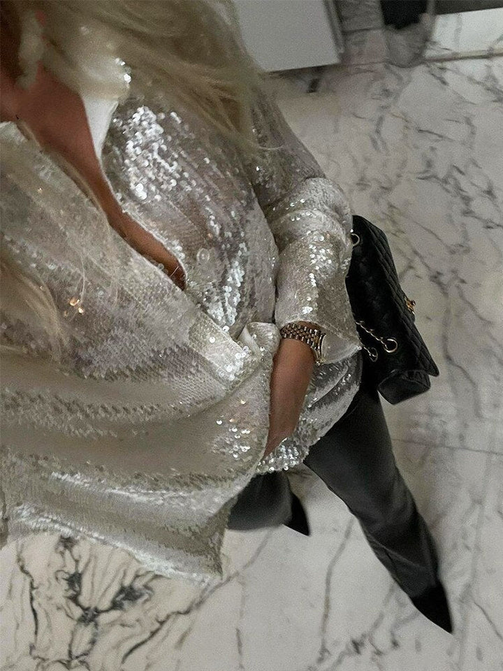 Oversized Pailletten Dames Blouse met Knoopsluiting en Lange Mouwen
