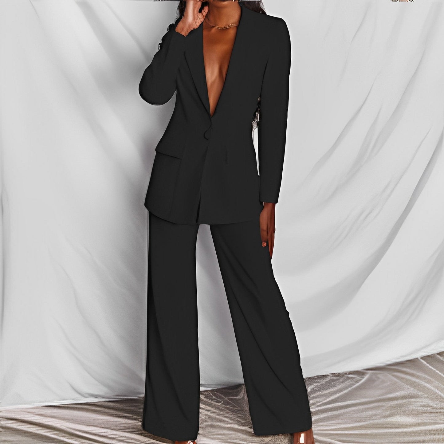 Elegante Dames Blazer Set met Pantalon en Wijde Pijpen