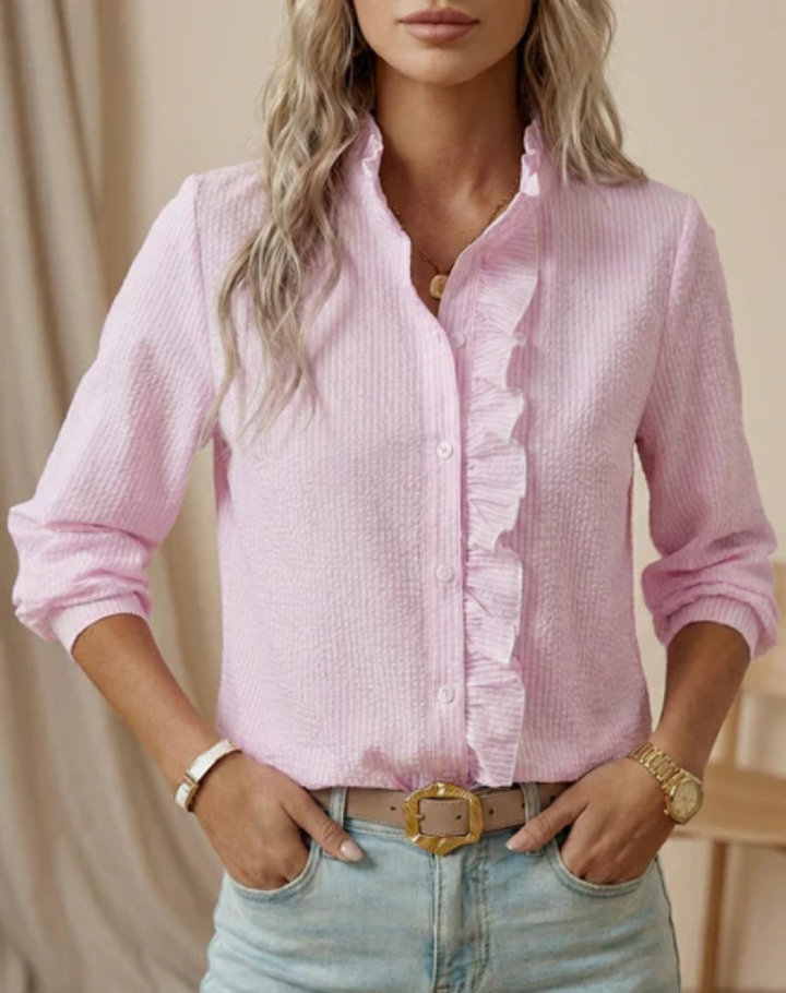 Chic Women's Striped Blouse with Ruffles and Long Sleeves