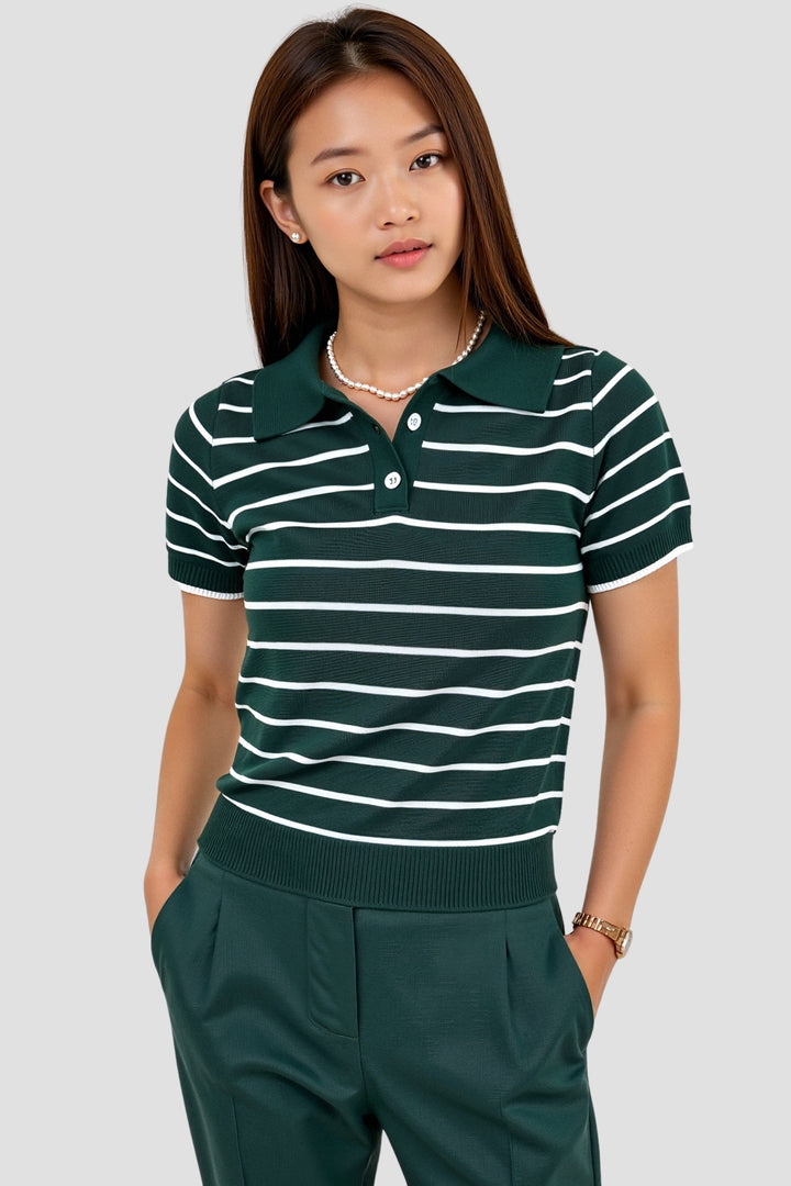 Dark Green Striped Women's Polo Shirt with Short Sleeves