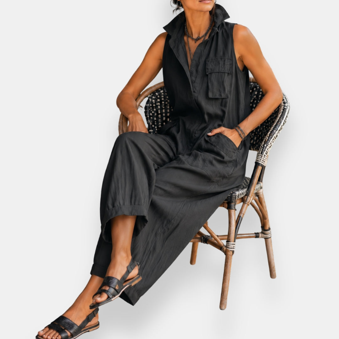 Dames Cargo Jumpsuit Zonder Mouwen met Verfijnde Kraag