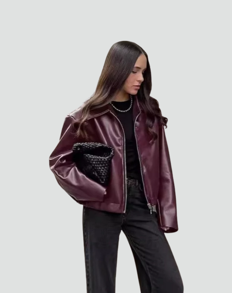 Bomber Femme Oversize Stylé en Cuir avec Fermeture Éclair et Col Classique