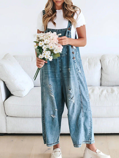 Denim oversized vrouwen jumpsuit met lichte vintage look