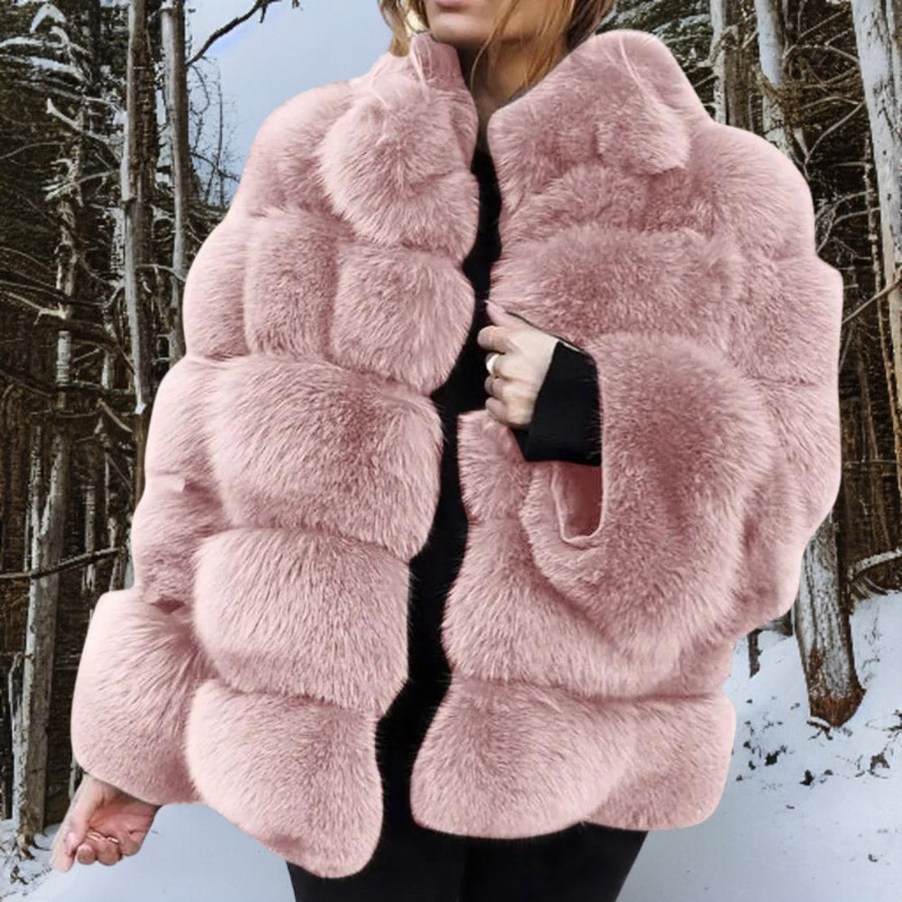 Donzige Dames Faux-Fur Jas met Opstaande Kraag en Cropped Zoom