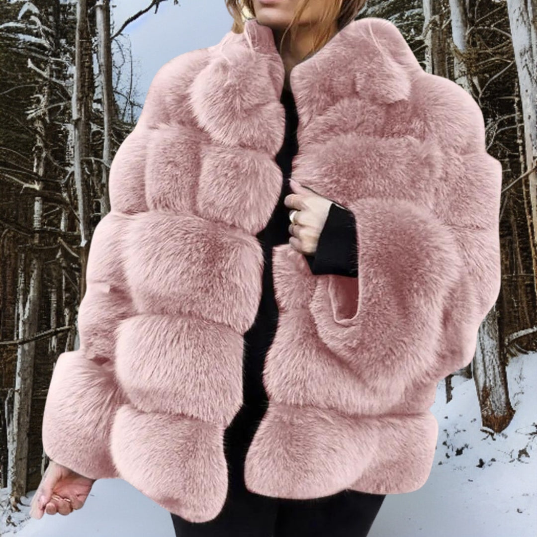 Donzige Dames Faux-Fur Jas met Opstaande Kraag en Cropped Zoom