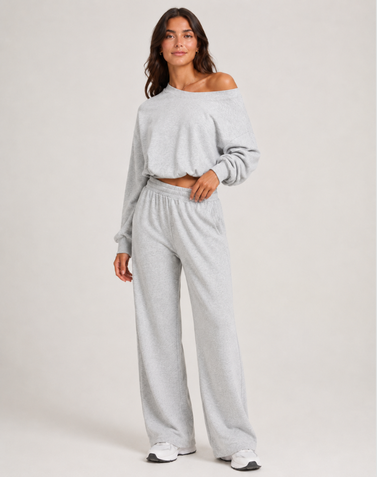Trendy Dames Loungewear Set Met Off Shoulder Top En Wijde Pijpen