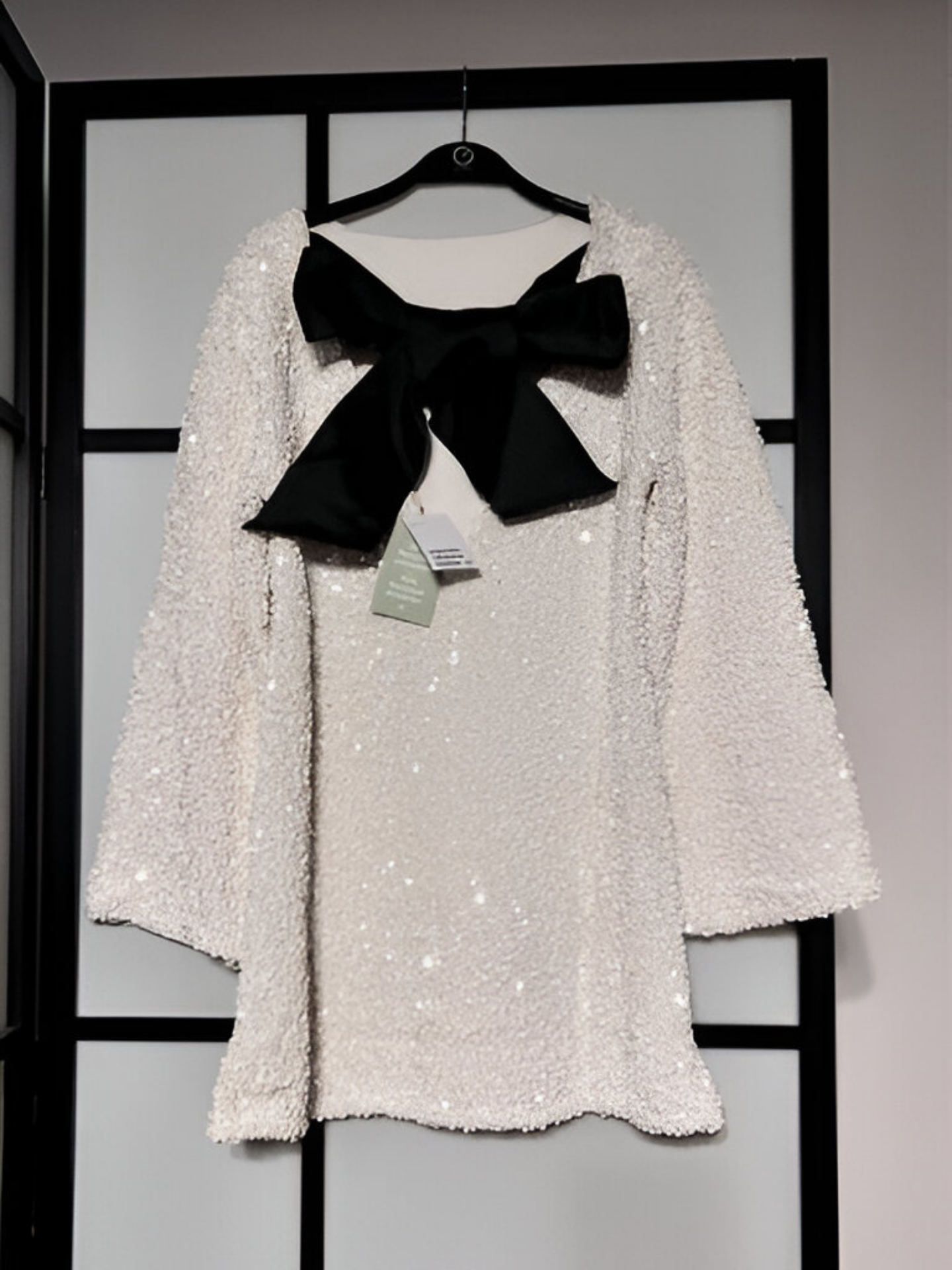 Witte Glitter Dames Mini Jurk met Lange Mouwen en Strik