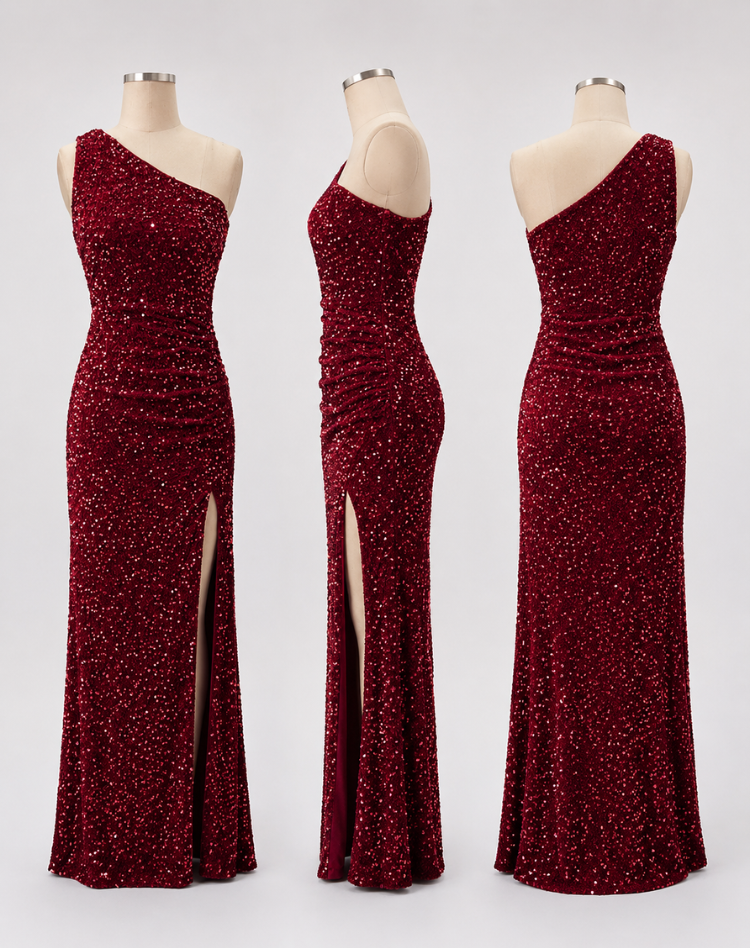 Glitterende Dames Gala Maxi Jurk met One Shoulder En Hoge Split