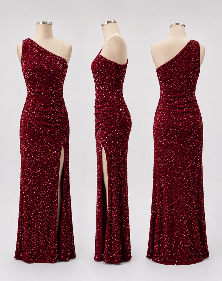 Glitterende Dames Gala Maxi Jurk met One Shoulder En Hoge Split