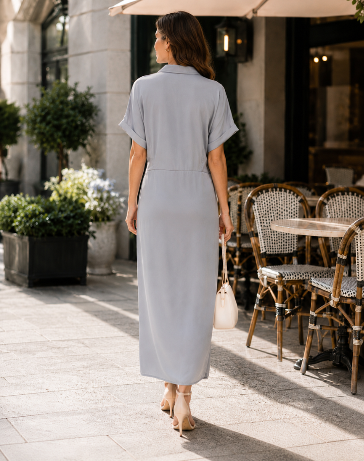 Chique Dames Overhemdjurk Midi met Taille Strik en Knoopsluiting