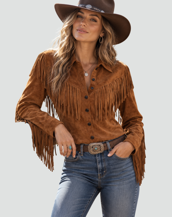 Dames Avondtop met Franje en Denim Look