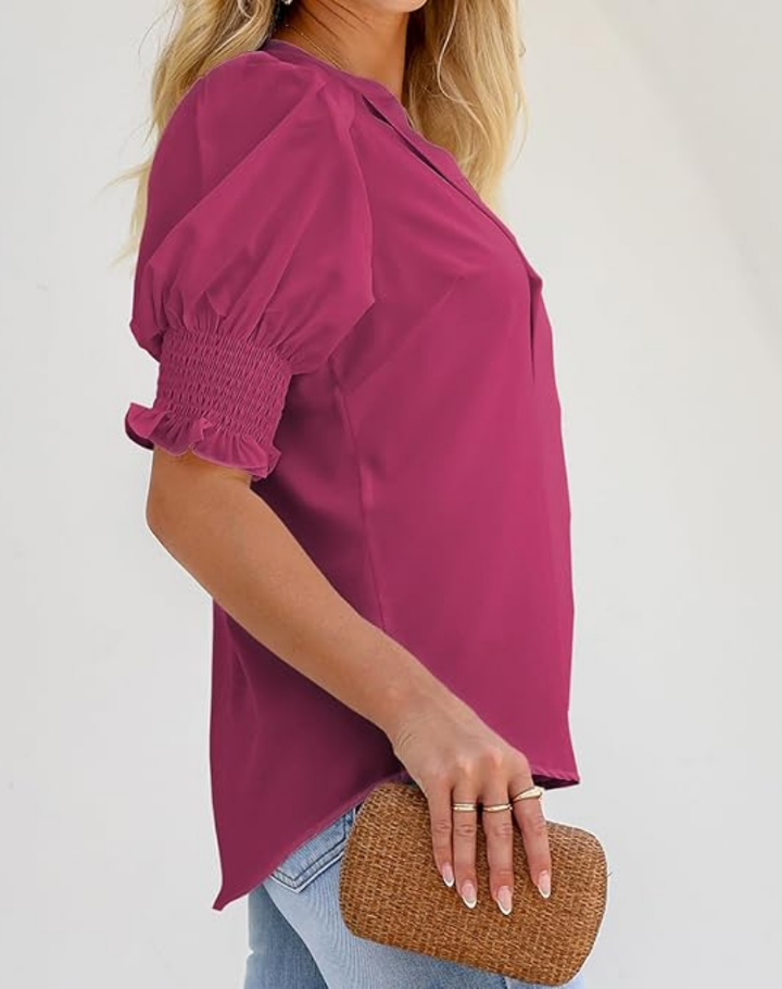 Chiffon Blouse with V-neck and Short Sleeves for Women