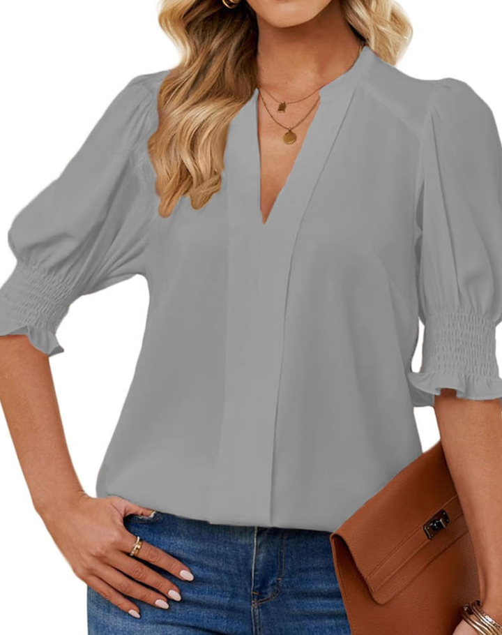 Chiffon Blouse with V-neck and Short Sleeves for Women
