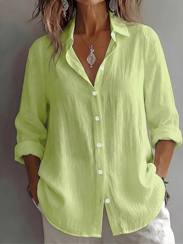 Losvallende Linnen Dames Blouse met Omgeslagen Kraag en Knopenlijn