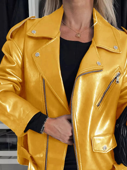 Oversized Dames PU-Leren Bikerjack met Riem en Reverskraag