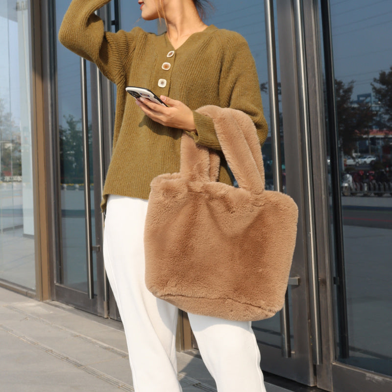 Luxe Dames Shopper Tas met Teddy Look en Ruime Inhoud