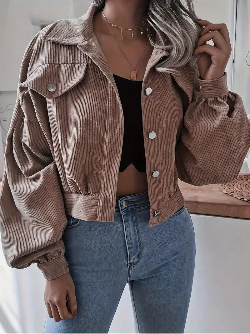 Trendy Dames Ribstof Jas met Korte Pasvorm en Knopen