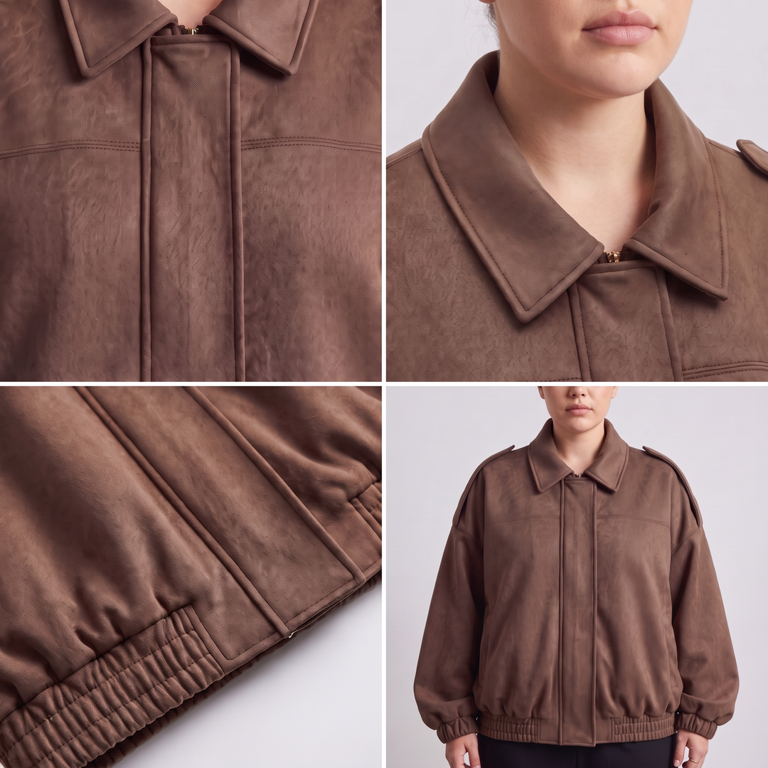 Cropped Suède Dames Bomberjack met Epauletten en Ritssluiting