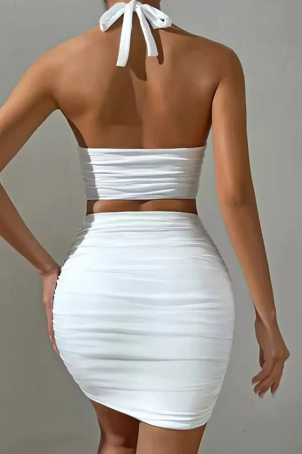 Summer White Halter Co-Ord Set for Women with Mini Skirt