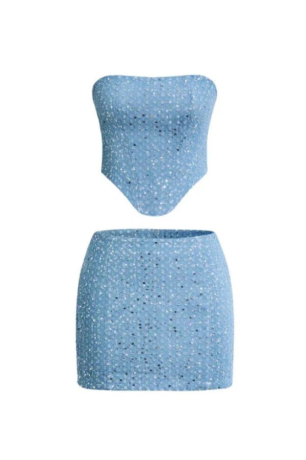 Ensemble coordonné bleu pailleté pour dames, bustier sans bretelles avec mini-jupe ajustée