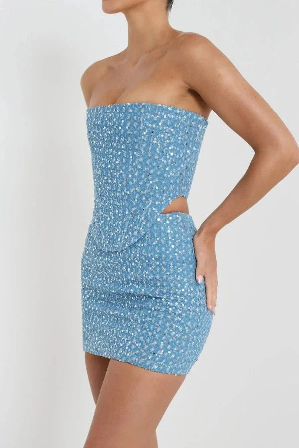 Ensemble coordonné bleu pailleté pour dames, bustier sans bretelles avec mini-jupe ajustée