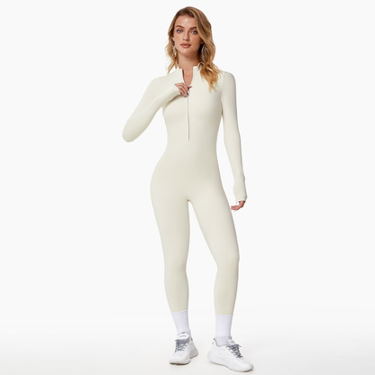 Sportieve Aansluitende Dames Jumpsuit Met Half Zip En Lange Mouwen