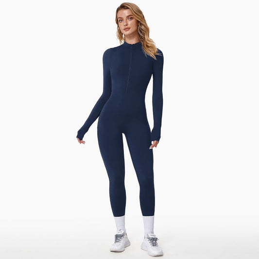 Sportieve Aansluitende Dames Jumpsuit Met Half Zip En Lange Mouwen