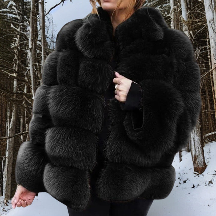 Donzige Dames Faux-Fur Jas met Opstaande Kraag en Cropped Zoom