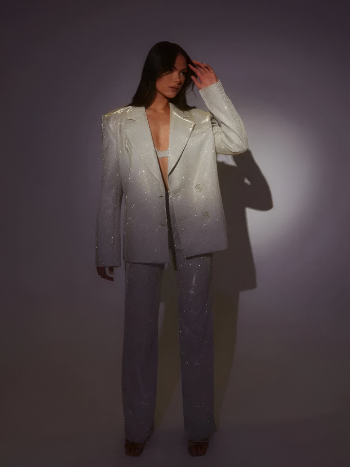 Ensemble blazer pailleté festif 3 pièces avec top et pantalon pour femmes