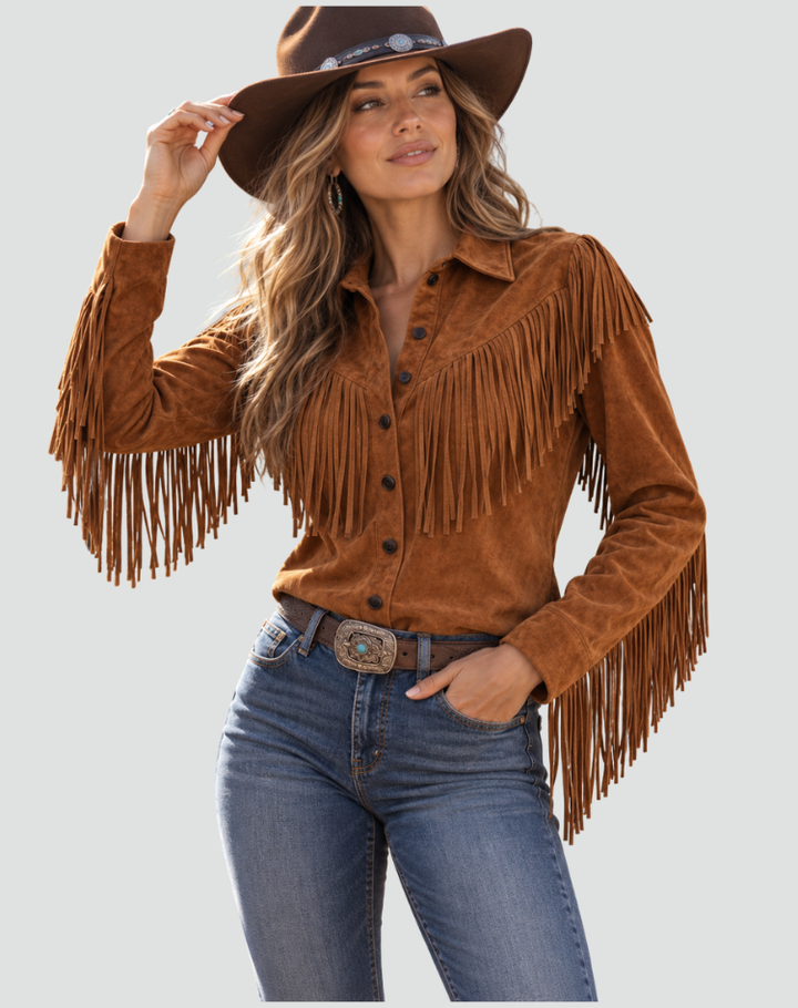 Dames Avondtop met Franje en Denim Look