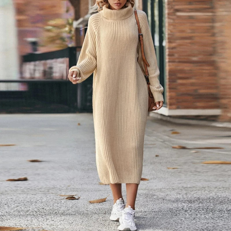 Zachte Dames Maxi Sweater Jurk met Col en Lange Mouwen