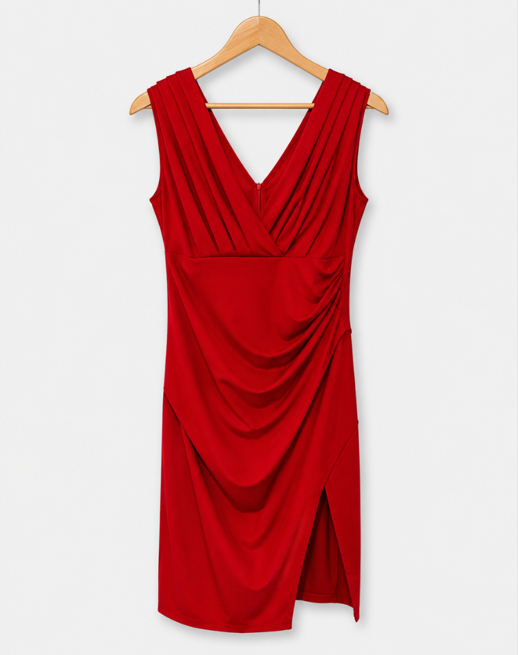 Stylish Women's Cocktail Midi Dress With V Neck And Slit