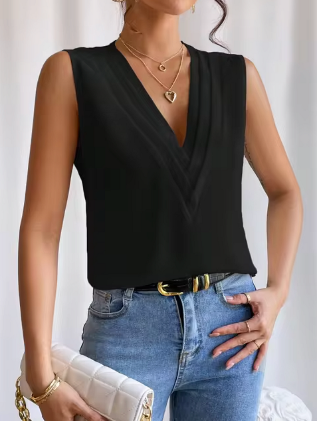 Blouse Sans Manches Femme Avec Col V Et Plis Élégants