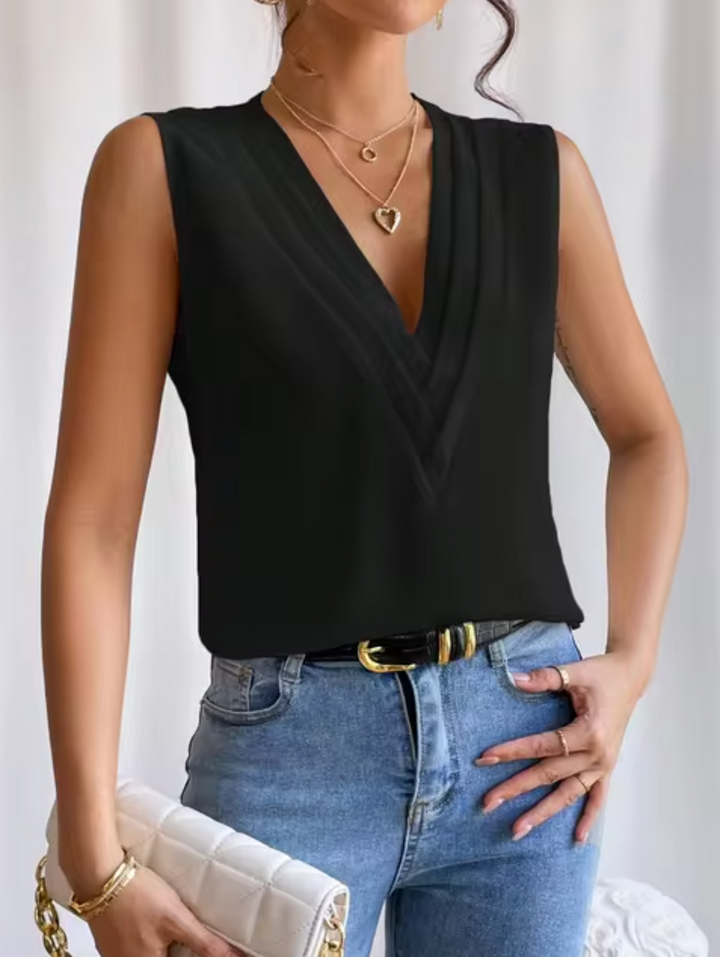 Blouse Sans Manches Femme Avec Col V Et Plis Élégants