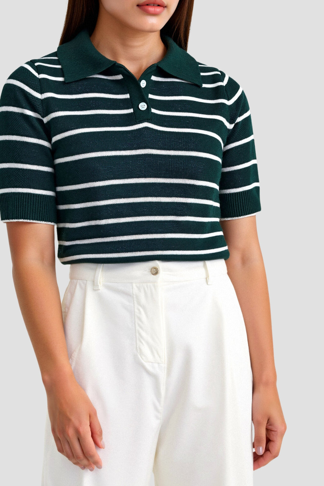 Dark Green Striped Women's Polo Shirt with Short Sleeves