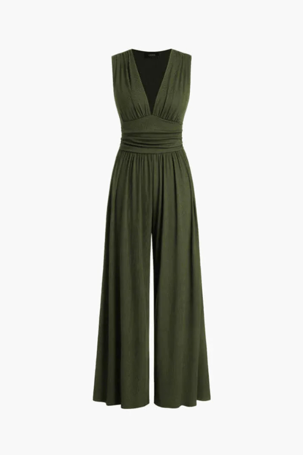 Elegancki damski kombinezon z dekoltem w serek i szerokimi nogawkami