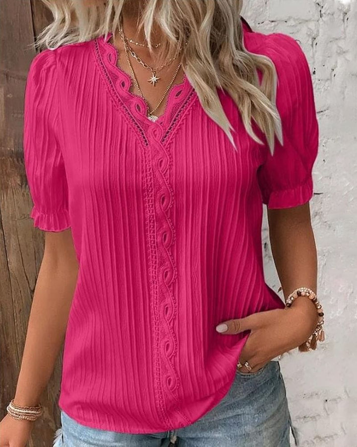 Blouse Tendance Femme Avec Col V, Détails En Dentelle Et Manches Courtes