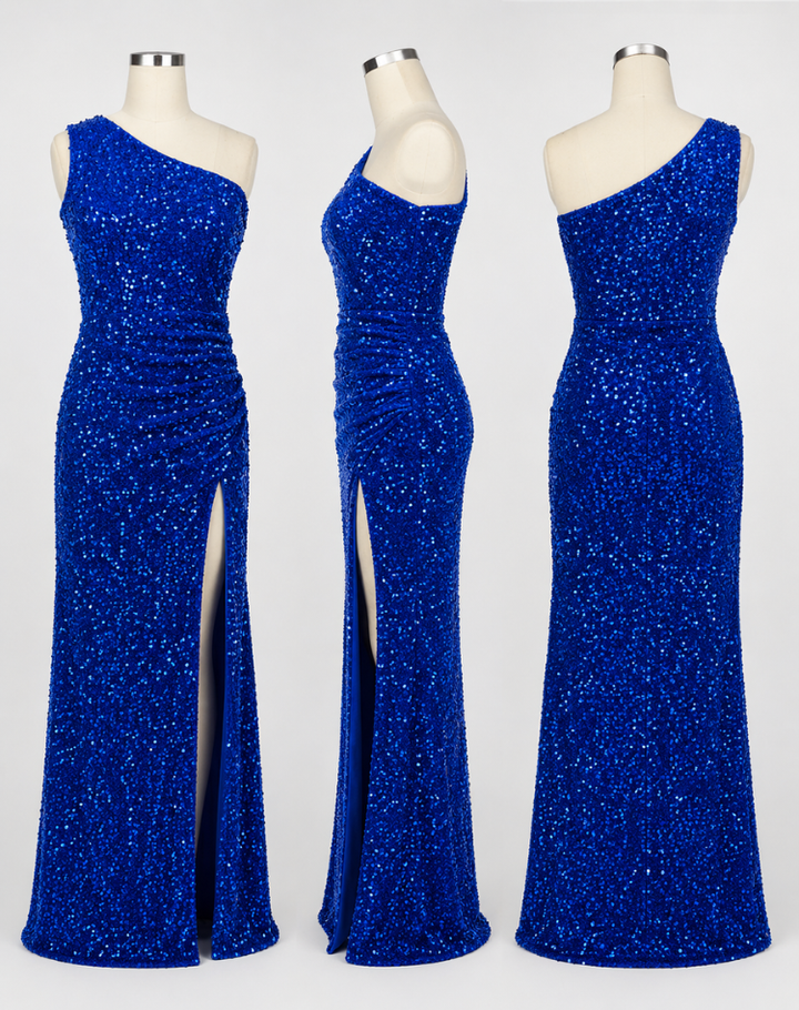 Glitterende Dames Gala Maxi Jurk met One Shoulder En Hoge Split